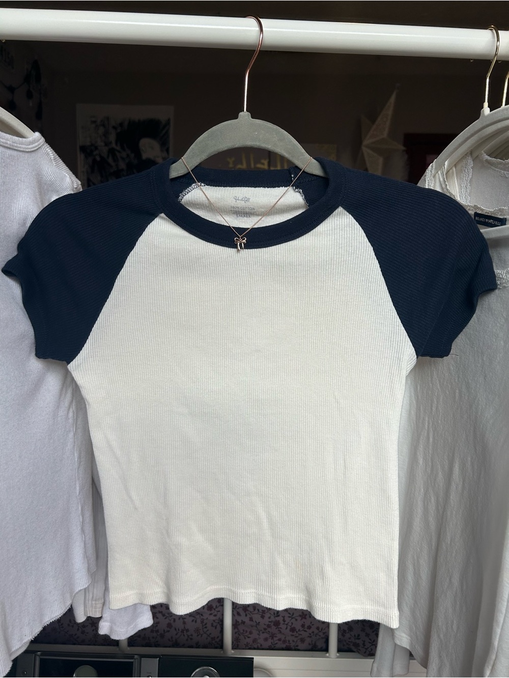 Brandy Melville White Ribbed Tee with Navy Trim